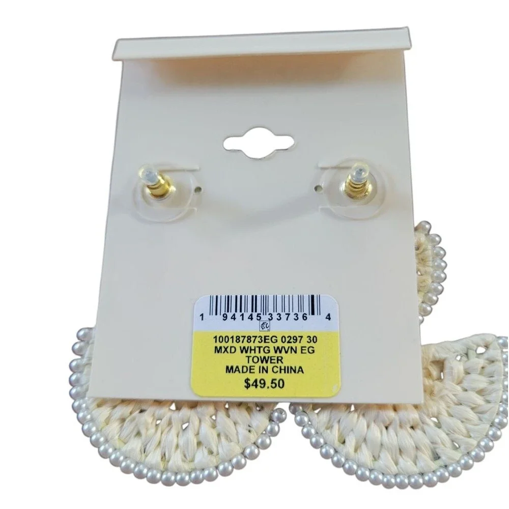On 34th Gold-Tone Stone Bead & Woven Raffia Drop Earrings - NWT